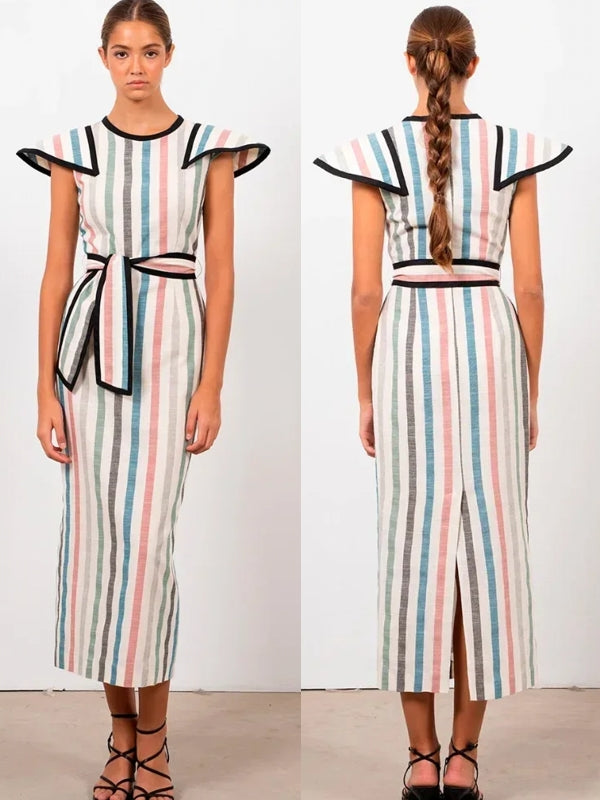 Elegant Striped Print Lace Up Midi Dress Midi Dresses - Tophatter Daily Deals