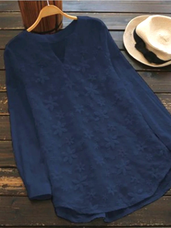 White Women Lace Long Sleeve Tops V Neck Embroidery Fashion Loose Elegant Shirt Blue BLOUSES & SHIRTS - Tophatter Daily Deals