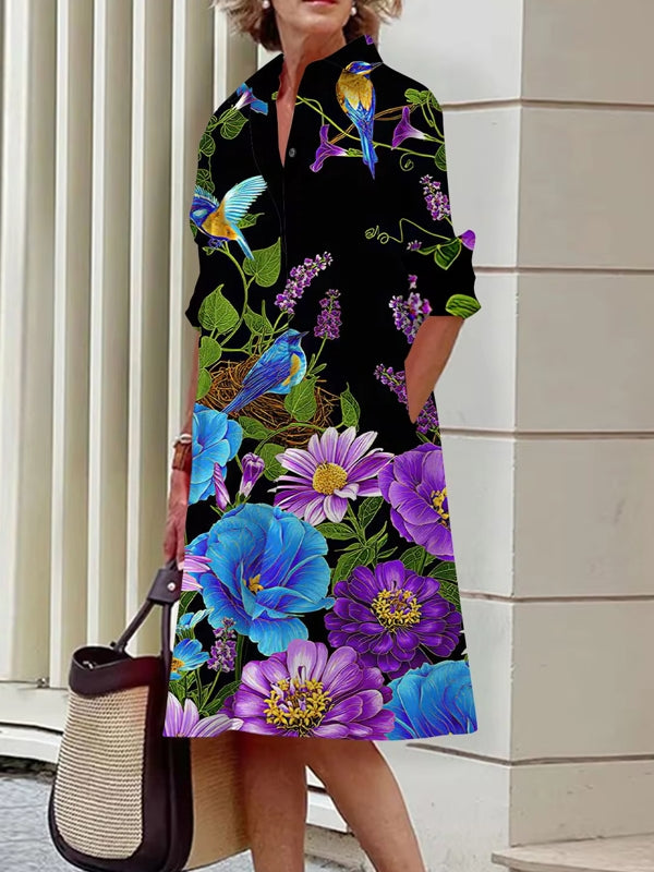 Elegant Women's Floral Pattern Shirt Dress Multicolor Midi Dresses - Tophatter Daily Deals