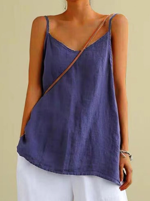 Summer Top Cotton Linen Spaghetti Strap Top V-neck Blouses - Tophatter Daily Deals