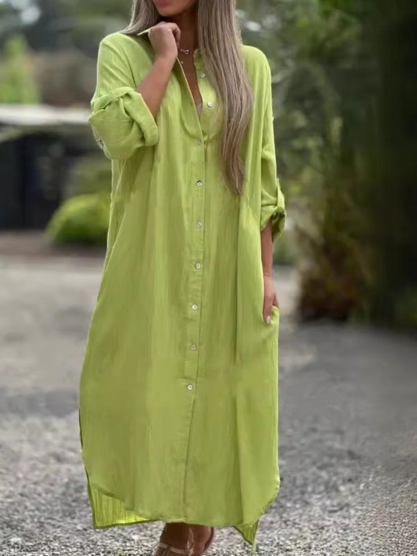 Spring Cotton Linen Solid Pocket Oversize Shirt Dresses Olive Maxi Dresses - Tophatter Daily Deals