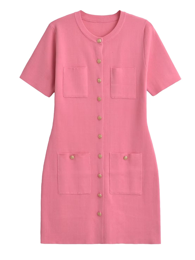 Women Round Neck Short Sleeve Bodycon A-line Dresses Pink Mini Dresses - Tophatter Daily Deals