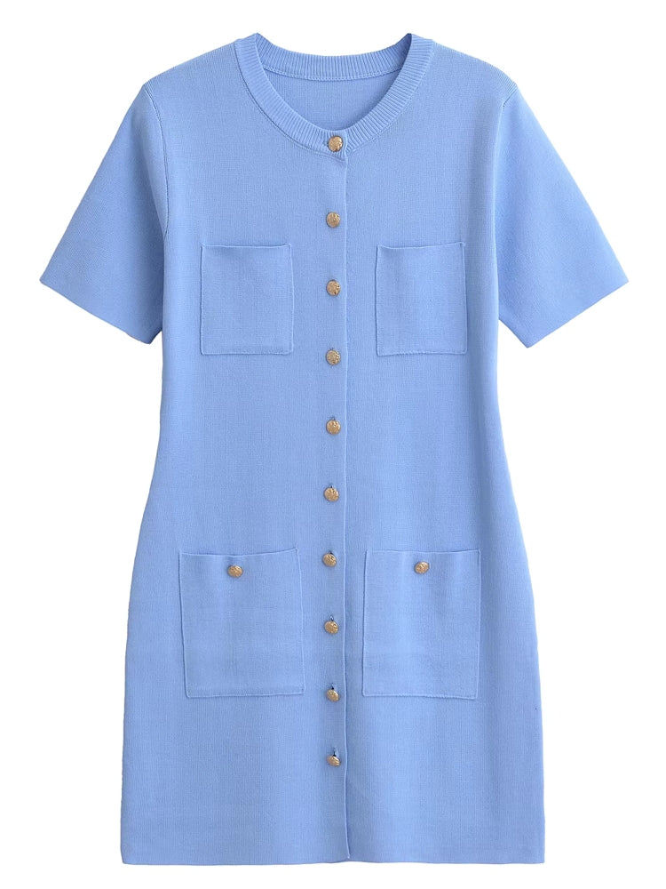 Women Round Neck Short Sleeve Bodycon A-line Dresses Blue Mini Dresses - Tophatter Daily Deals