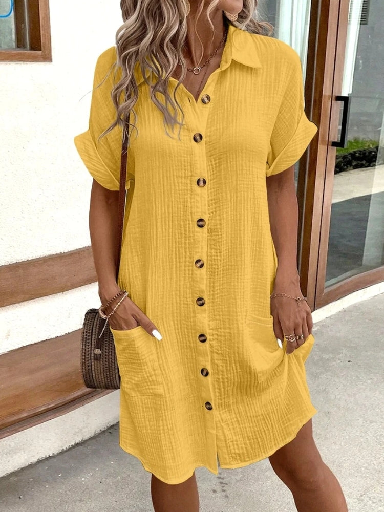 Cotton Linen Dress Ladies Casual Holiday Yellow Mini Dresses - Tophatter Daily Deals