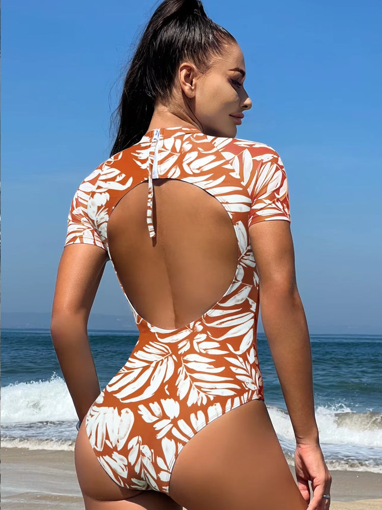 Short Sleeve One Piece Swimsuit Sports Bathing Swimwear - Tophatter Daily Deals