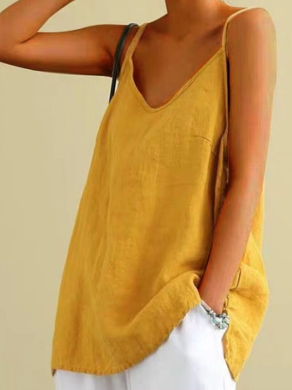 Summer Top Cotton Linen Spaghetti Strap Top V-neck Blouses - Tophatter Daily Deals