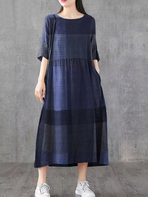 Plaid Half Sleeve Pocket Women Midi Dresses Blue Midi Dresses - Tophatter Daily Deals