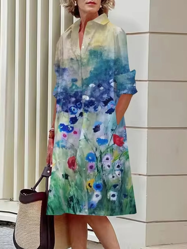 Elegant Women's Floral Pattern Shirt Dress Navy Midi Dresses - Tophatter Daily Deals