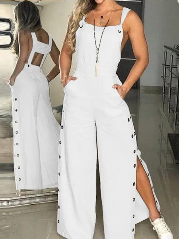 Casual Wide-Leg Jumpsuit with Side Pockets White Jumpsuits Pants - Tophatter Daily Deals