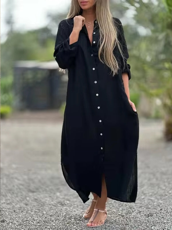 Spring Cotton Linen Solid Pocket Oversize Shirt Dresses Black Maxi Dresses - Tophatter Daily Deals