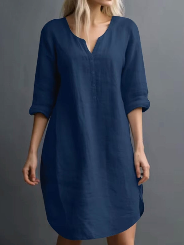 Casual V-Neck Women Shirt Dress Blue Midi Dresses - Tophatter Daily Deals