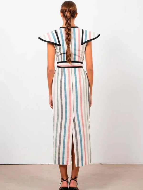 Elegant Striped Print Lace Up Midi Dress Midi Dresses - Tophatter Daily Deals