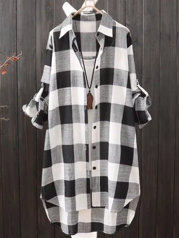 Women's Plaid Cotton Shirt Black Blouses - Tophatter Daily Deals