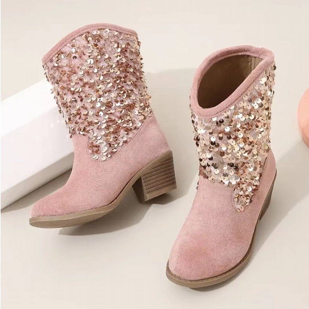 Fashion Kids Girls Chelsea Boots Sequin Thick Heels Shoes - Tophatter Daily Deals