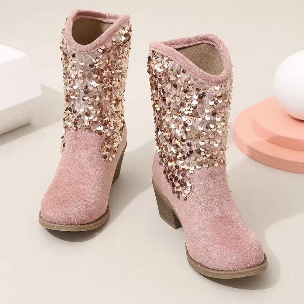 Fashion Kids Girls Chelsea Boots Sequin Thick Heels Shoes - Tophatter Daily Deals