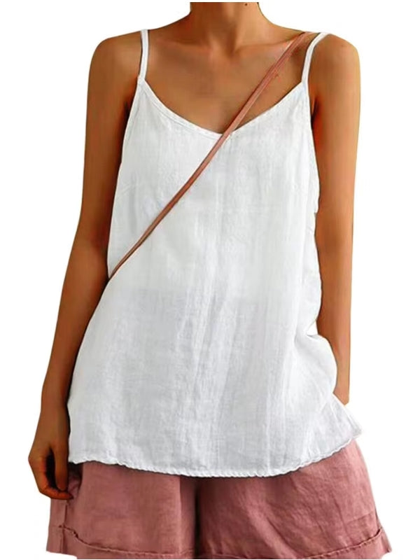 Summer Top Cotton Linen Spaghetti Strap Top V-neck White Blouses - Tophatter Daily Deals