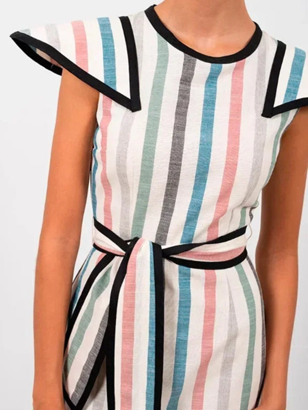 Elegant Striped Print Lace Up Midi Dress Midi Dresses - Tophatter Daily Deals