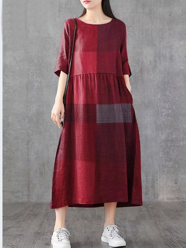 Plaid Half Sleeve Pocket Women Midi Dresses Red Midi Dresses - Tophatter Daily Deals