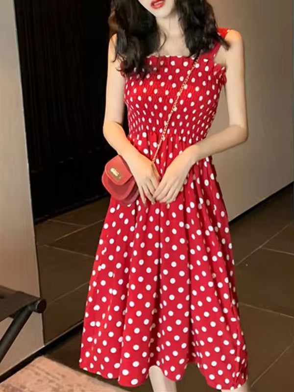 Polka Dot Shoulder Sexy Dresses Red Midi Dresses - Tophatter Daily Deals