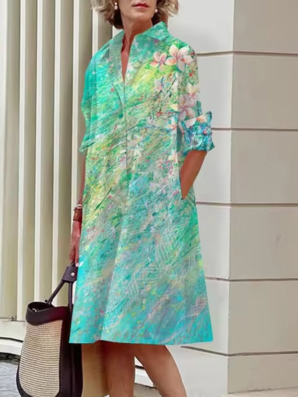 Elegant Women's Floral Pattern Shirt Dress Cyan Midi Dresses - Tophatter Daily Deals