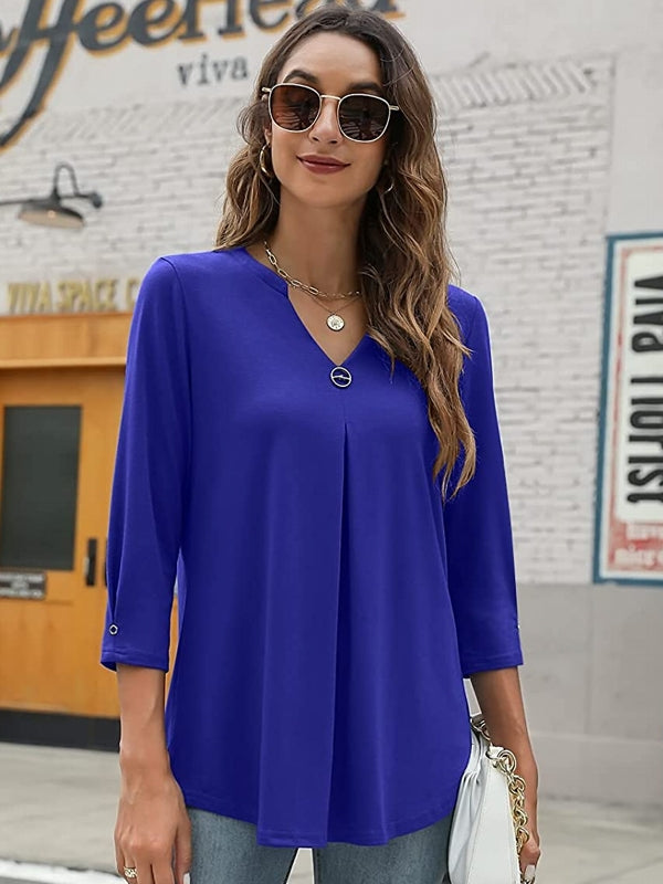 Women T-shirt V Neck 3/4 Sleeve Tops Blouse Blue Blouses - Tophatter Daily Deals