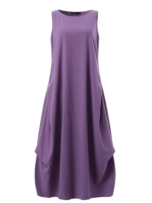 Casual Loose Solid Cotton Maxi Dresses Purple Sleeveless Dresses - Tophatter Daily Deals