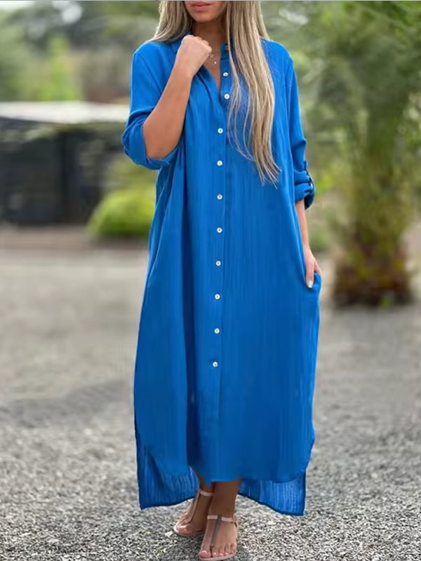 Spring Cotton Linen Solid Pocket Oversize Shirt Dresses Blue Maxi Dresses - Tophatter Daily Deals