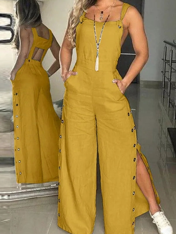 Casual Wide-Leg Jumpsuit with Side Pockets Yellow Jumpsuits Pants - Tophatter Daily Deals