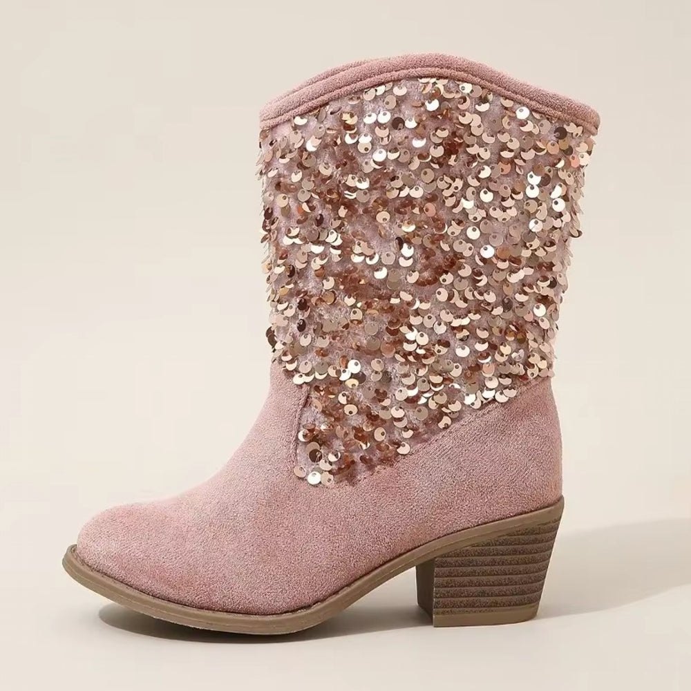 Fashion Kids Girls Chelsea Boots Sequin Thick Heels Shoes - Tophatter Daily Deals