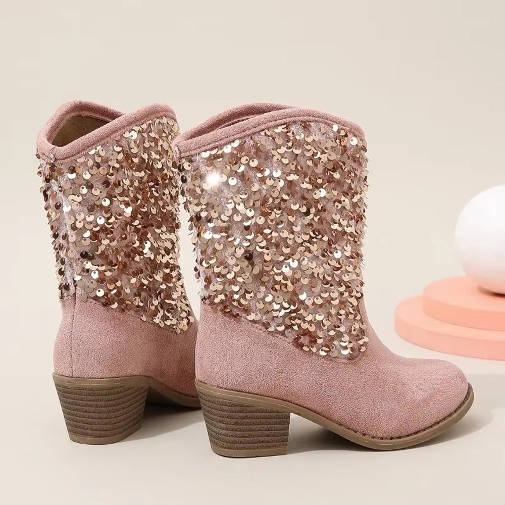 Fashion Kids Girls Chelsea Boots Sequin Thick Heels Shoes - Tophatter Daily Deals