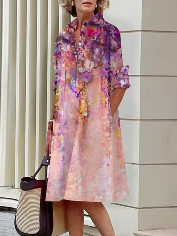 Elegant Women's Floral Pattern Shirt Dress Rose gold Midi Dresses - Tophatter Daily Deals