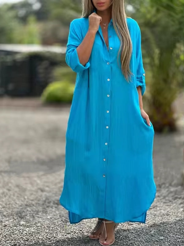 Spring Cotton Linen Solid Pocket Oversize Shirt Dresses Sky Blue Maxi Dresses - Tophatter Daily Deals