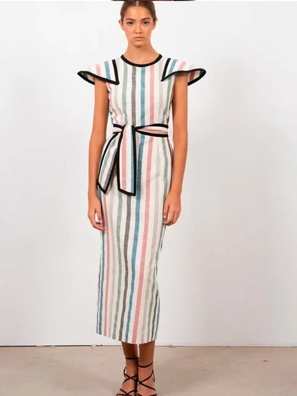 Elegant Striped Print Lace Up Midi Dress Midi Dresses - Tophatter Daily Deals