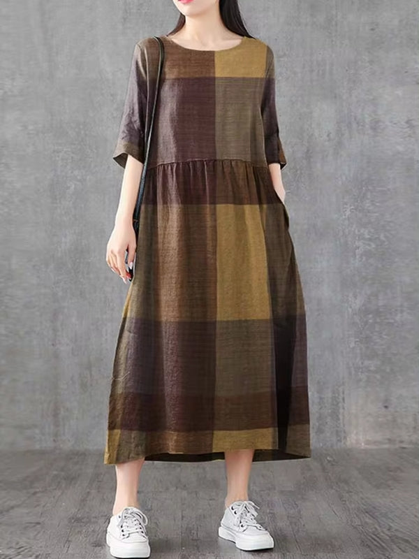 Plaid Half Sleeve Pocket Women Midi Dresses Brown Midi Dresses - Tophatter Daily Deals