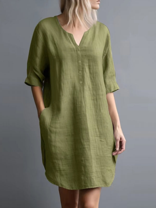 Casual V-Neck Women Shirt Dress Green Midi Dresses - Tophatter Daily Deals