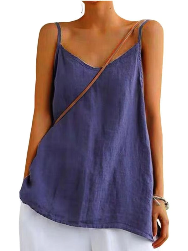 Summer Top Cotton Linen Spaghetti Strap Top V-neck Blue Blouses - Tophatter Daily Deals