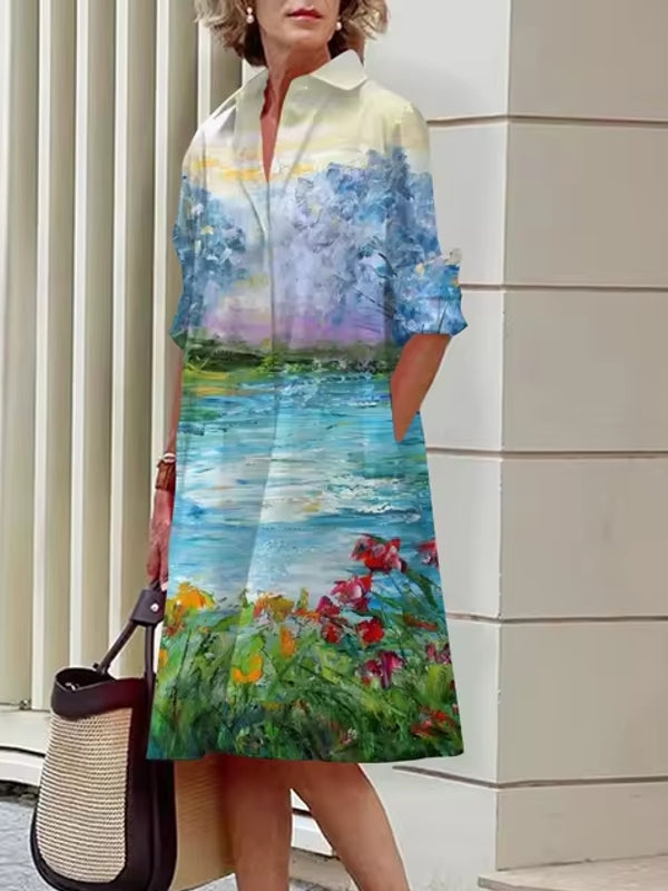 Elegant Women's Floral Pattern Shirt Dress Light Green Midi Dresses - Tophatter Daily Deals