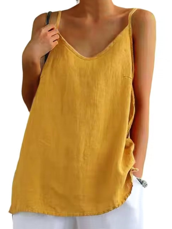 Summer Top Cotton Linen Spaghetti Strap Top V-neck Yellow Blouses - Tophatter Daily Deals