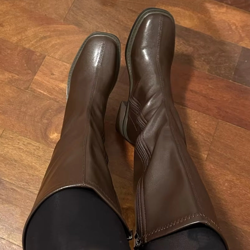 Vintage Thick Heel Women Side Zippers Knee High Boots Boots - Tophatter Daily Deals