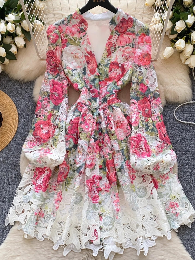 Women V-Neck Spring Holiday Lace Print Mini Dress Mini Dresses - Tophatter Daily Deals
