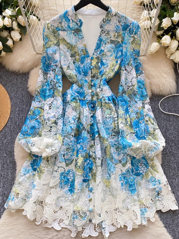 Women V-Neck Spring Holiday Lace Print Mini Dress Mini Dresses - Tophatter Daily Deals