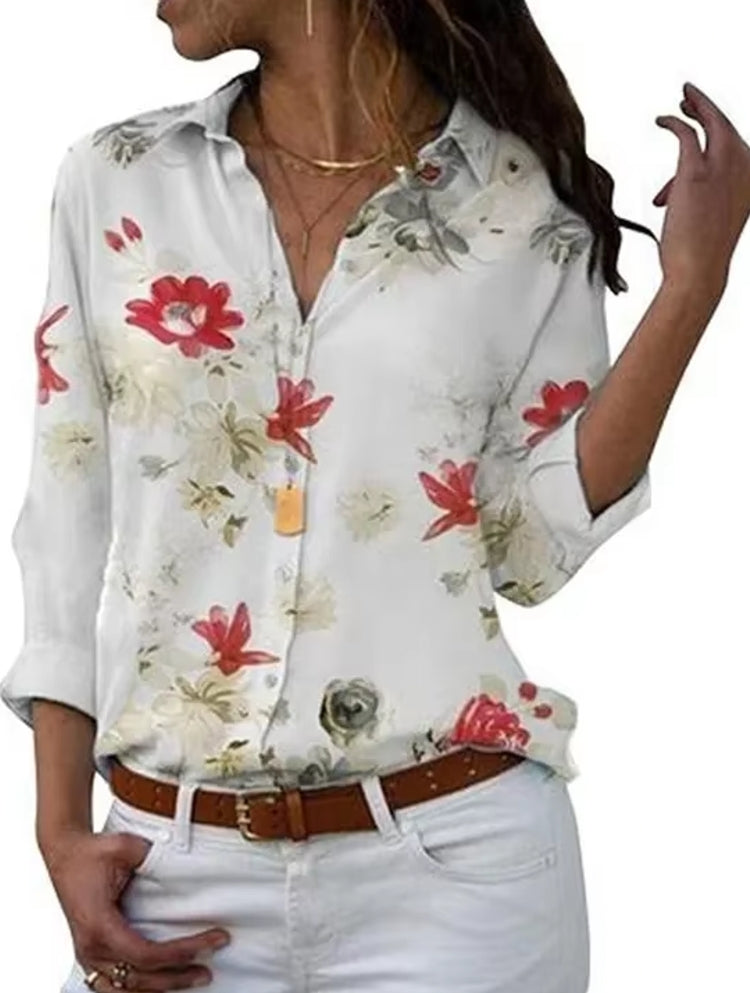 Casual Tops Elegant Work Wear Chiffon Shirts Long Sleeve Red Floral Blouses - Tophatter Daily Deals