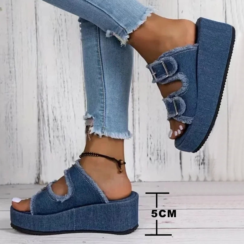 Elegant Denim Comfortable Slip on Beach Walking Slippers Casual Women Shoes - Tophatter Daily Deals