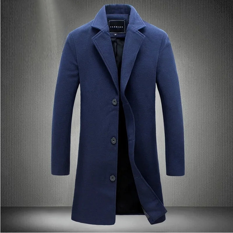 Long Cotton Coat Wool Blend Pure Jacket Navy Men Jackets - Tophatter Daily Deals