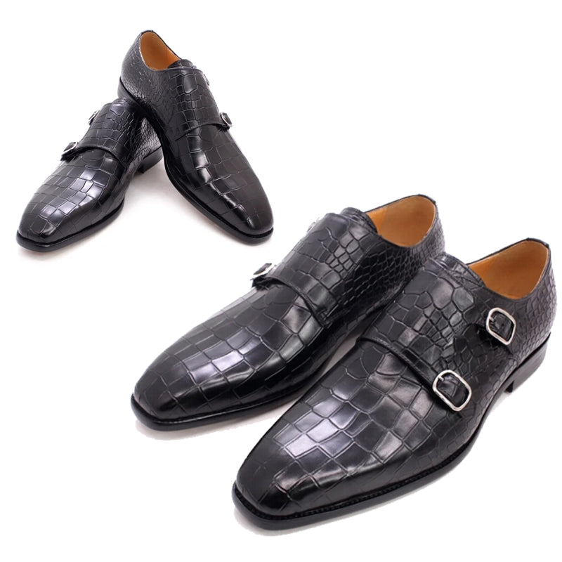 Genuine Leather Luxury Crocodile Print Double Buckle Pointed Toe Men Dresses Shoes - Tophatter Daily Deals