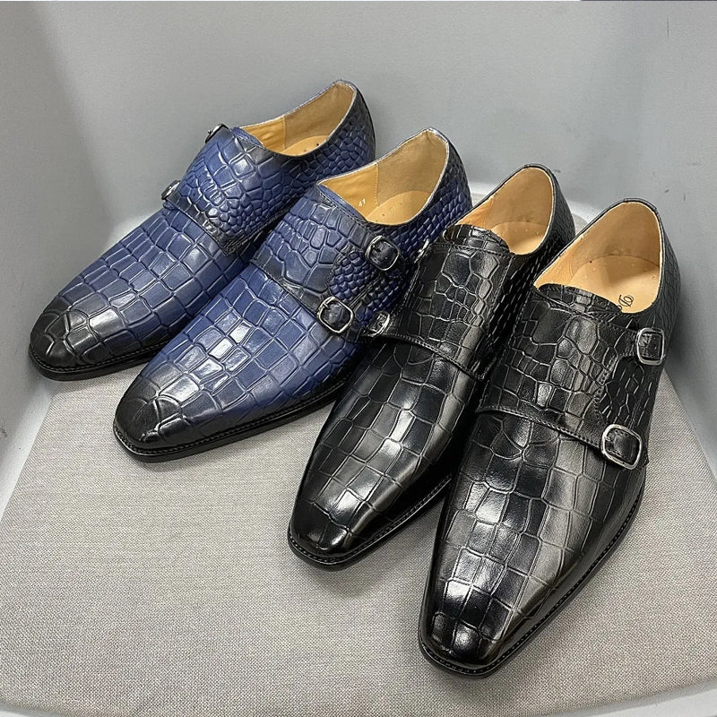 Genuine Leather Luxury Crocodile Print Double Buckle Pointed Toe Men Dresses Shoes - Tophatter Daily Deals