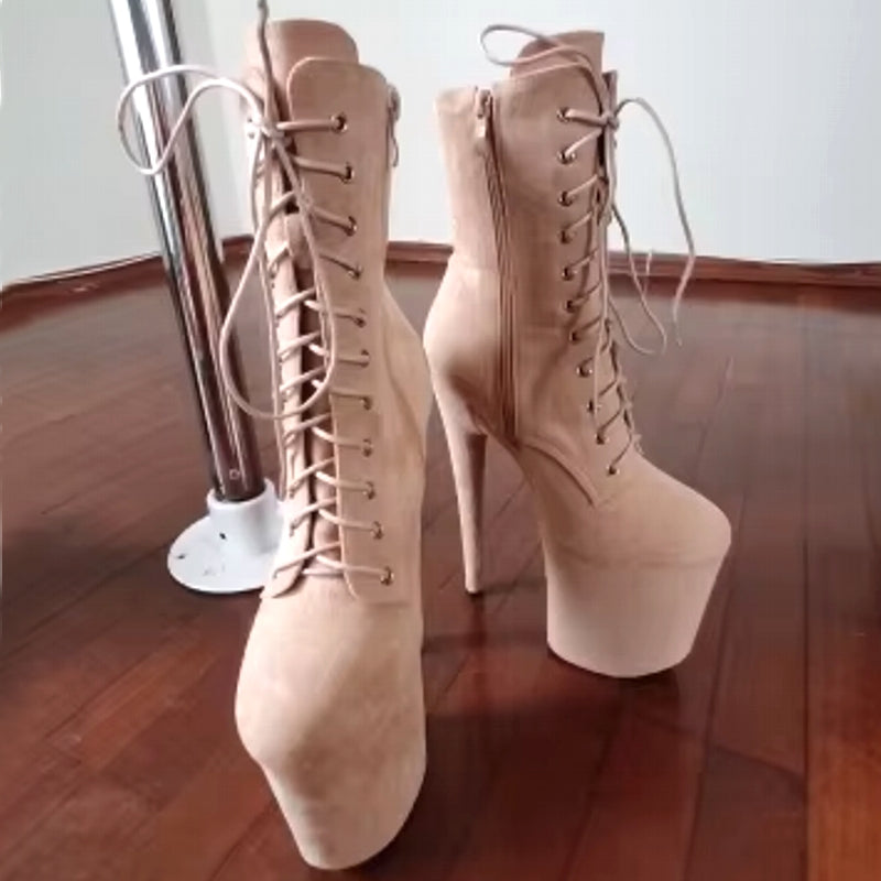 Extreme Pole Dancing Lace-up Flannel Ankle Boots Beige heels - Tophatter Daily Deals