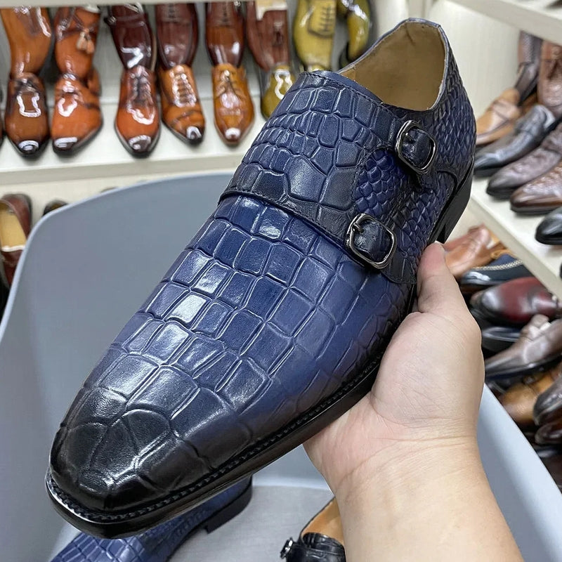 Genuine Leather Luxury Crocodile Print Double Buckle Pointed Toe Men Dresses Shoes - Tophatter Daily Deals