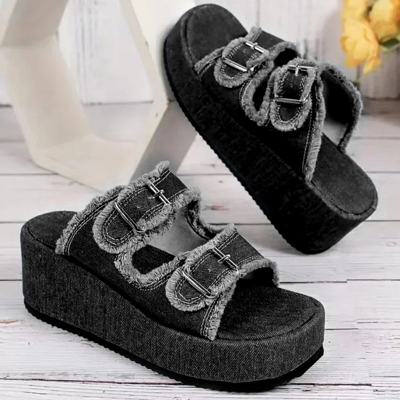 Elegant Denim Comfortable Slip on Beach Walking Slippers Black Casual Women Shoes - Tophatter Daily Deals
