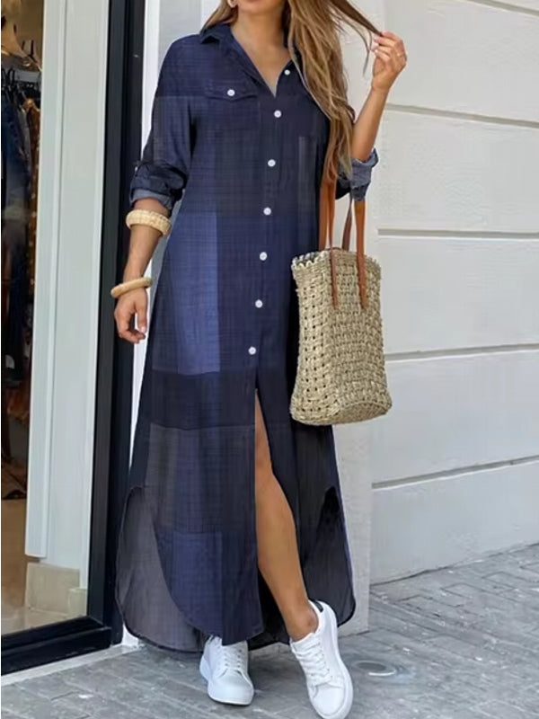 Vintage Geometry Print Lapel Long Sleeve Double Pocket Maxi Shirt Women Maxi Dress Blue Maxi Dresses - Tophatter Daily Deals